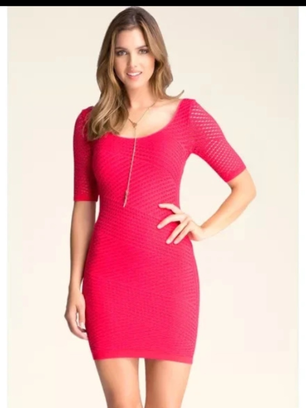 NEW Bebe pink red mesh crochet lace bodycon sexy stretchy top mini dress XS/S